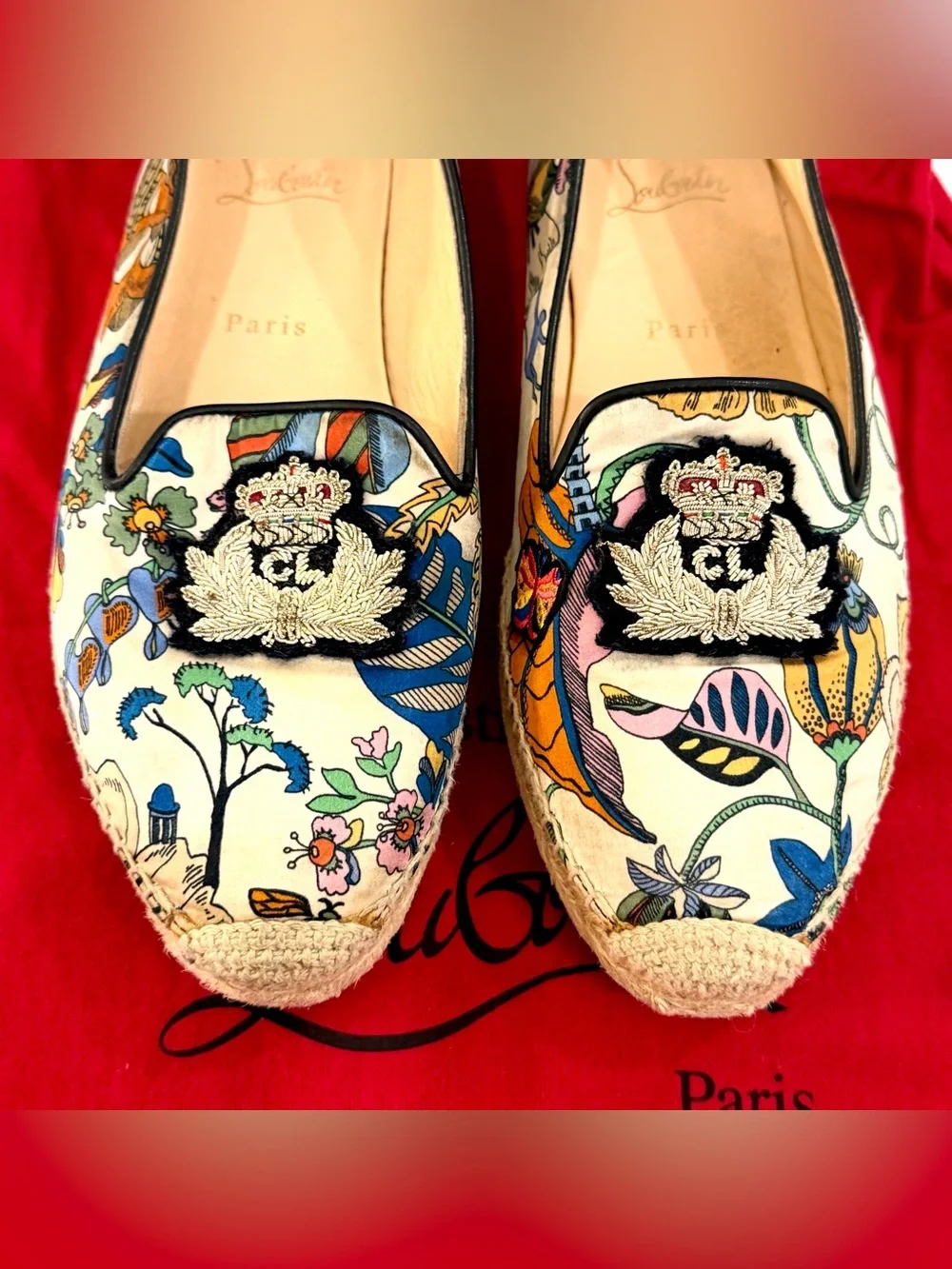 Christian Louboutin Floral Crest Silk Espadrille Slip-On Loafers EU 39 - Custom